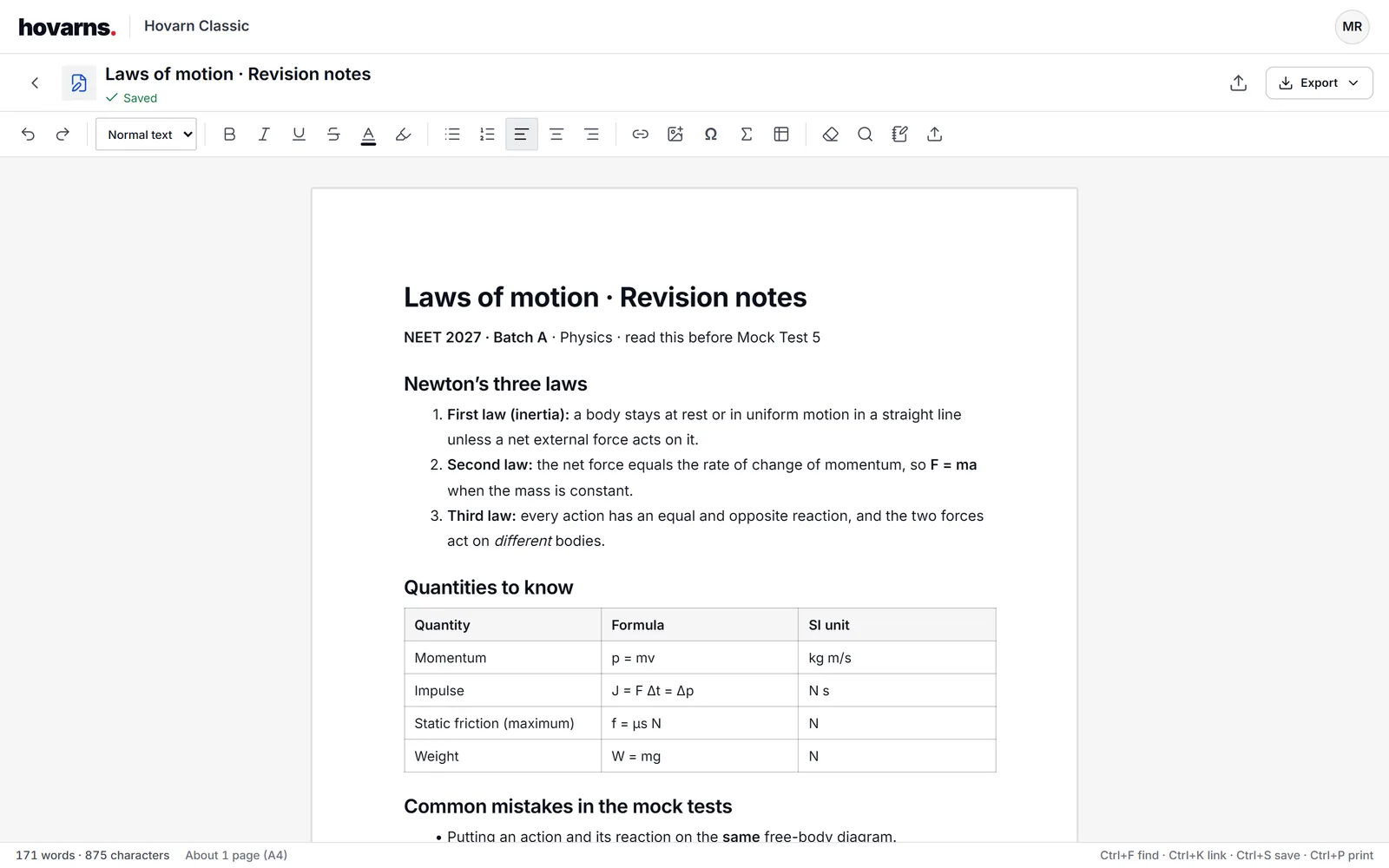 Horvan Classic document editor, sample data