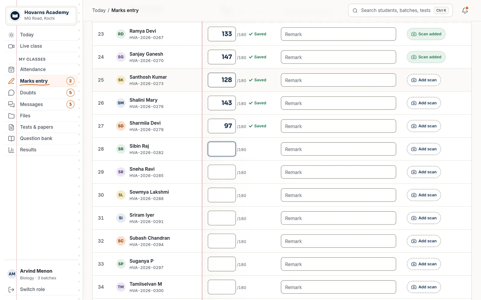 Marks entry for a 180-mark test: marks typed for each student, each row showing Saved (demo app, sample data).