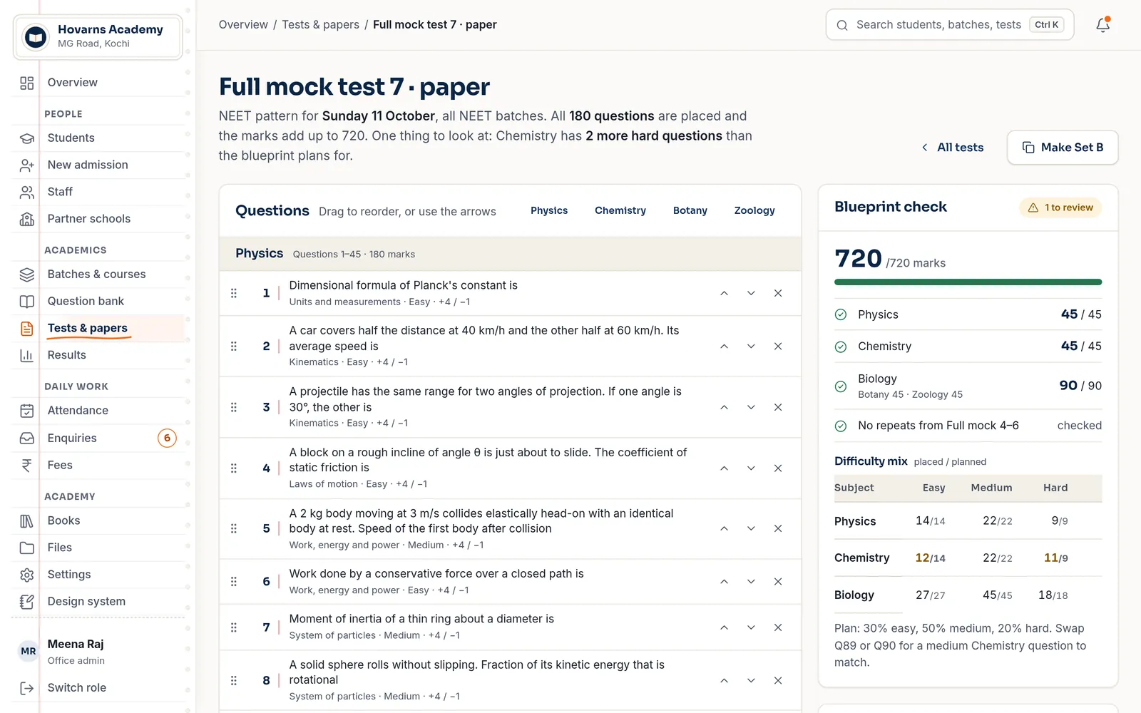 Full mock test 7 paper for Sunday 11 October: 180 questions placed, blueprint check 720 of 720 (demo app, sample data).