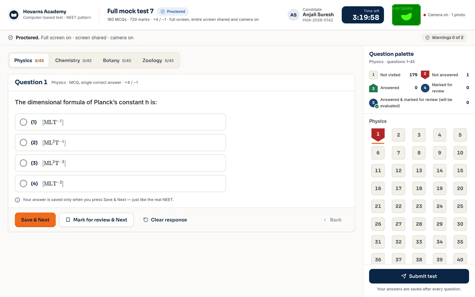 The proctored exam screen for Full mock test 7: question palette, timer, camera on, warnings 0 of 2 (demo app, sample data).