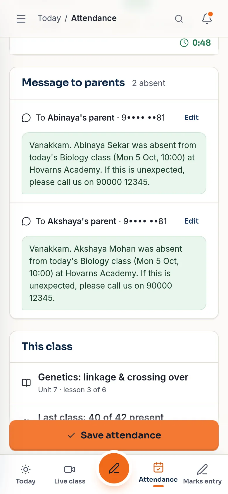 Message to parents: a parent-app notice to Abinaya's and Akshaya's parents that they missed the 10:00 Biology class (demo app, sample data).