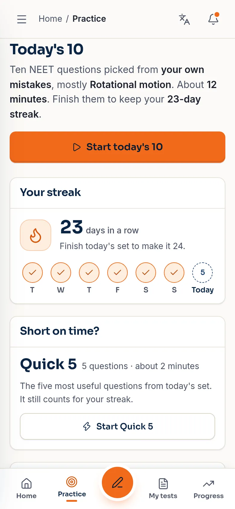 Today's 10: ten NEET questions from Anjali's own mistakes, mostly rotational motion, and a 23-day streak (demo app, sample data).