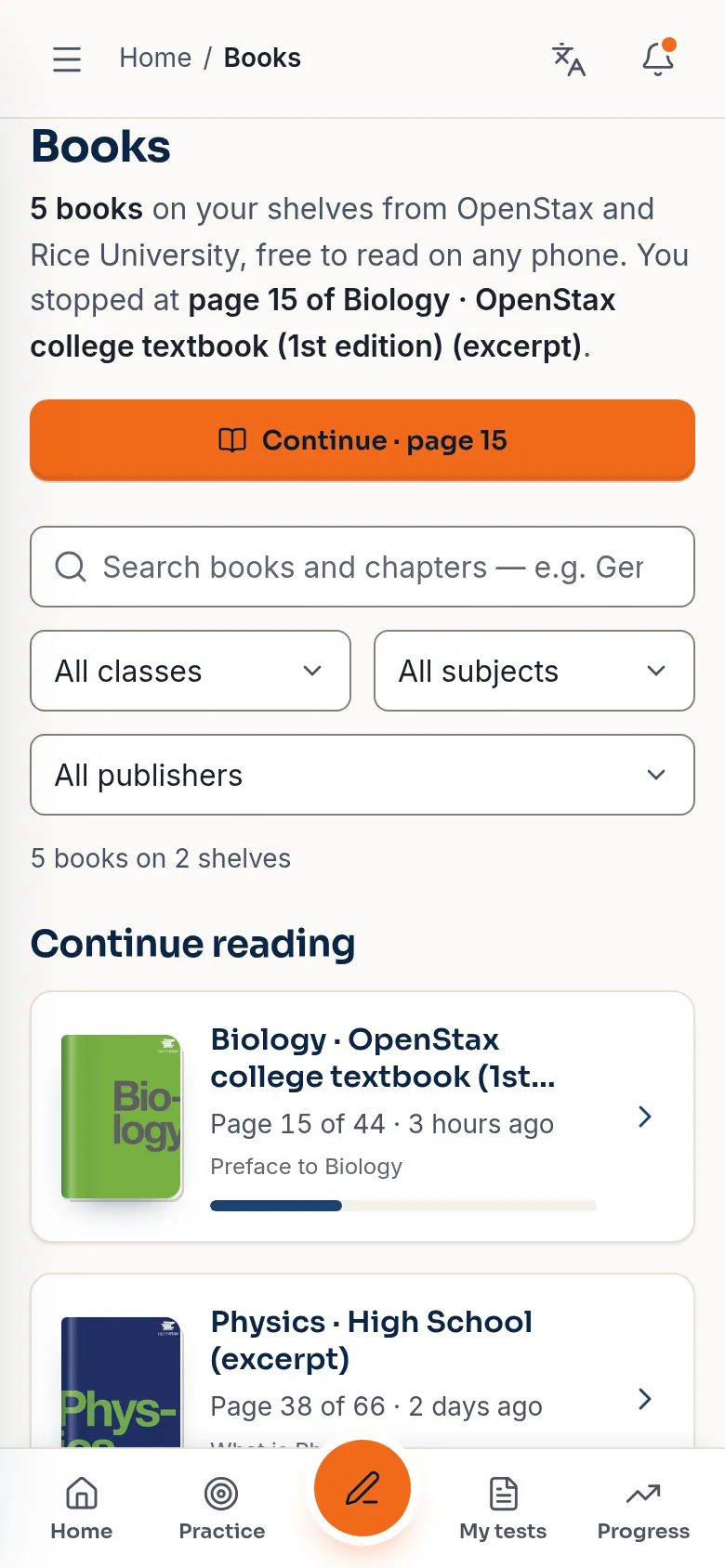 Books: continue reading Biology at page 15, with shelves of open textbooks (demo app, sample data).