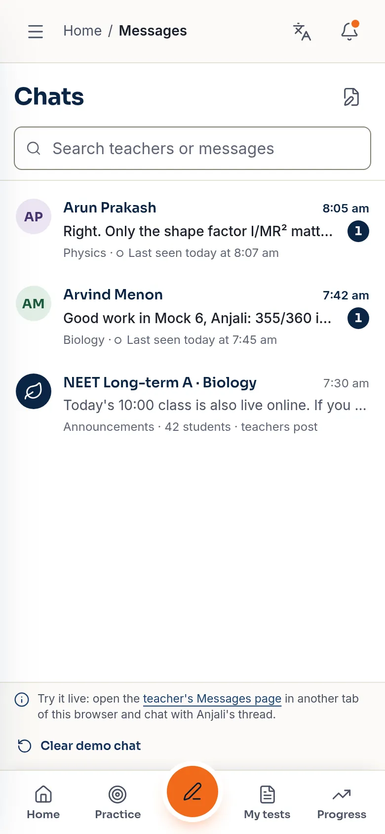 Chats: replies from Arun Prakash and Arvind Menon, and a batch announcement (demo app, sample data).