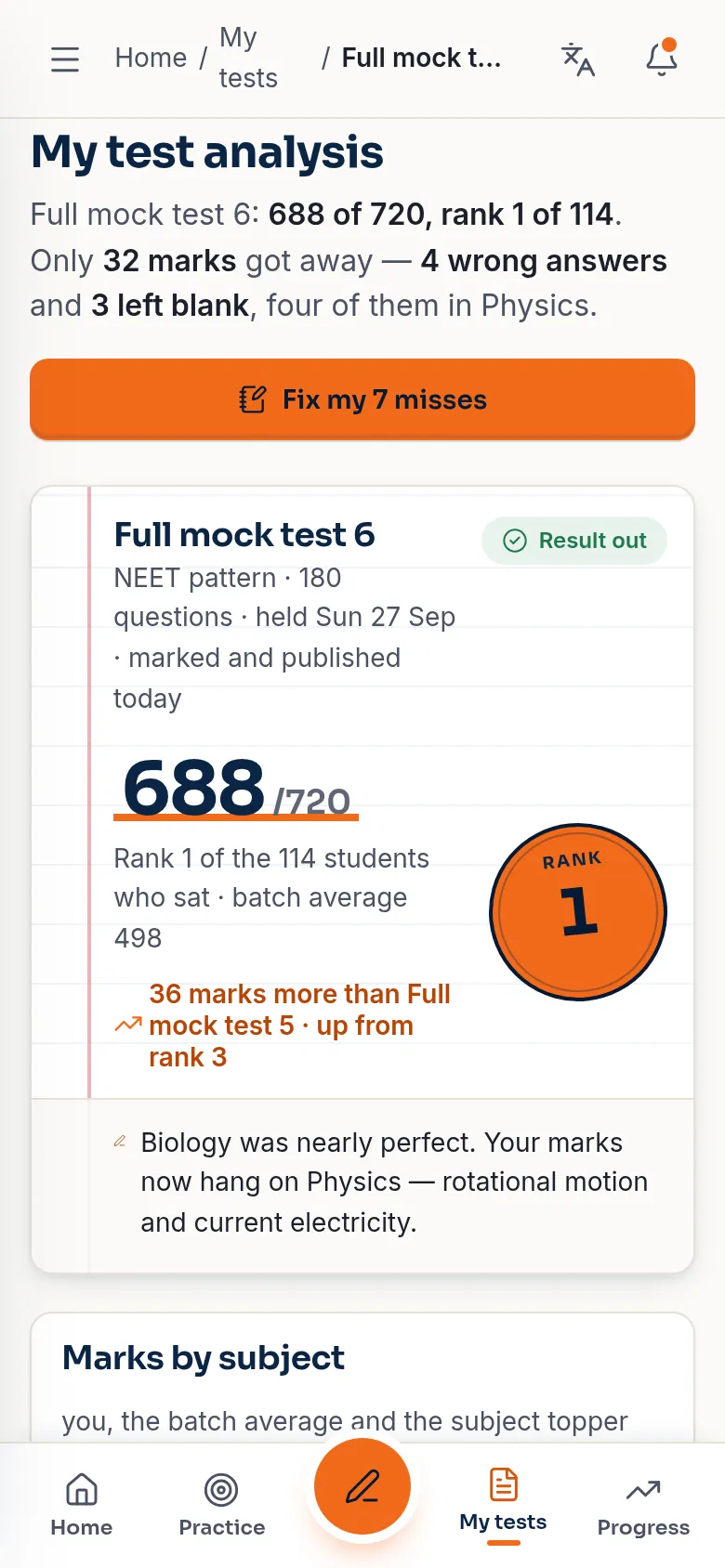 My test analysis: 688 of 720, rank 1 of 114, and where 32 marks got away (demo app, sample data).