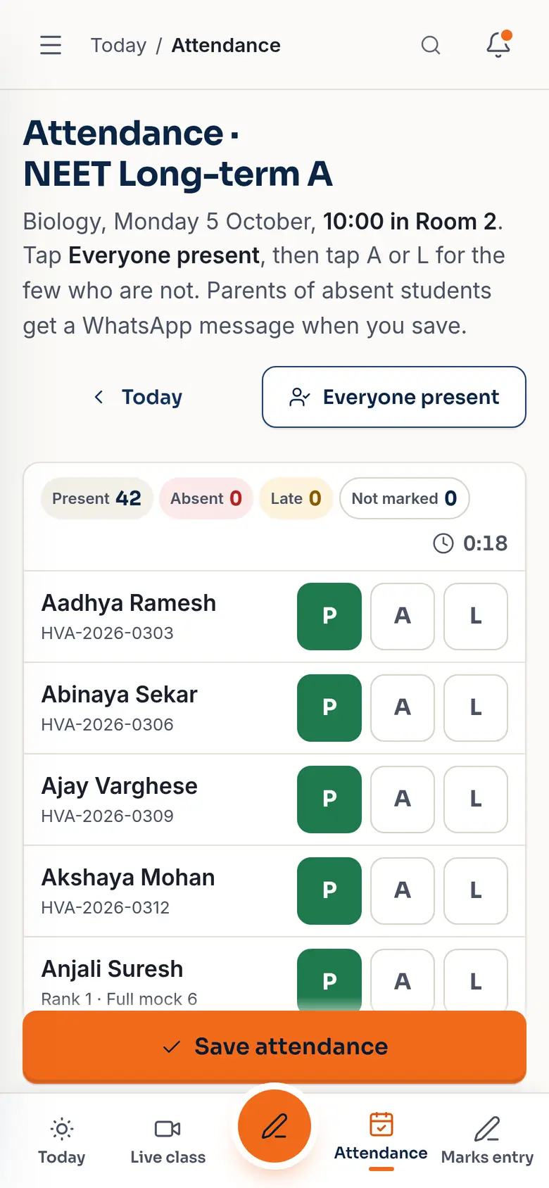 Attendance sheet with one-tap all present (demo app, sample data)