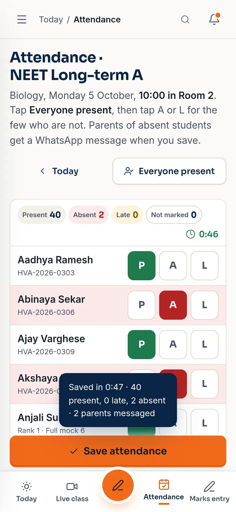 Attendance saved in 0:47 (demo app, sample data).