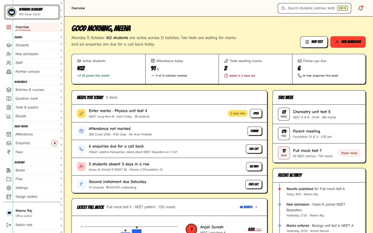 The same office overview in the Comic theme (demo app, sample data).