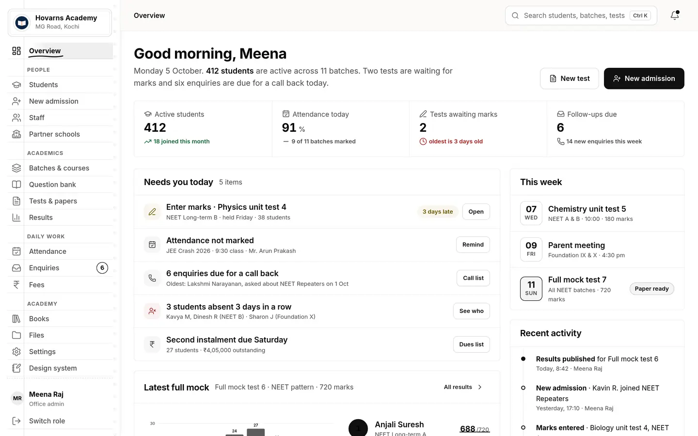 The same office overview in the Minimal theme (demo app, sample data).