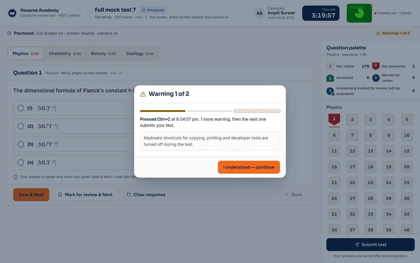 Exam screen with a Warning 1 of 2 dialog (demo app, sample data).