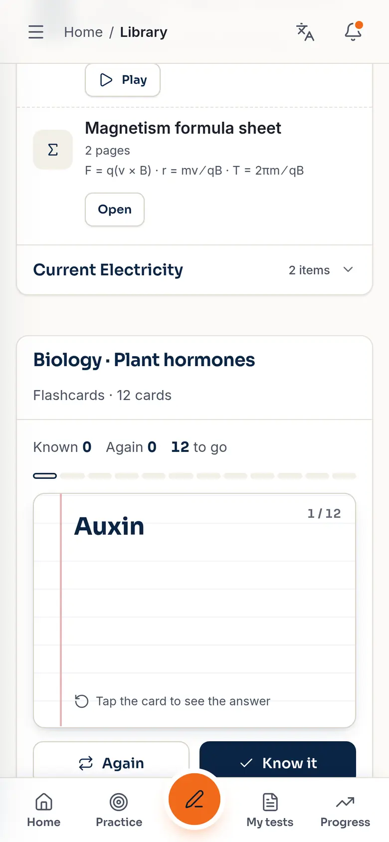 Flashcards for Biology, plant hormones: card 1 of 12, Auxin (demo app, sample data).