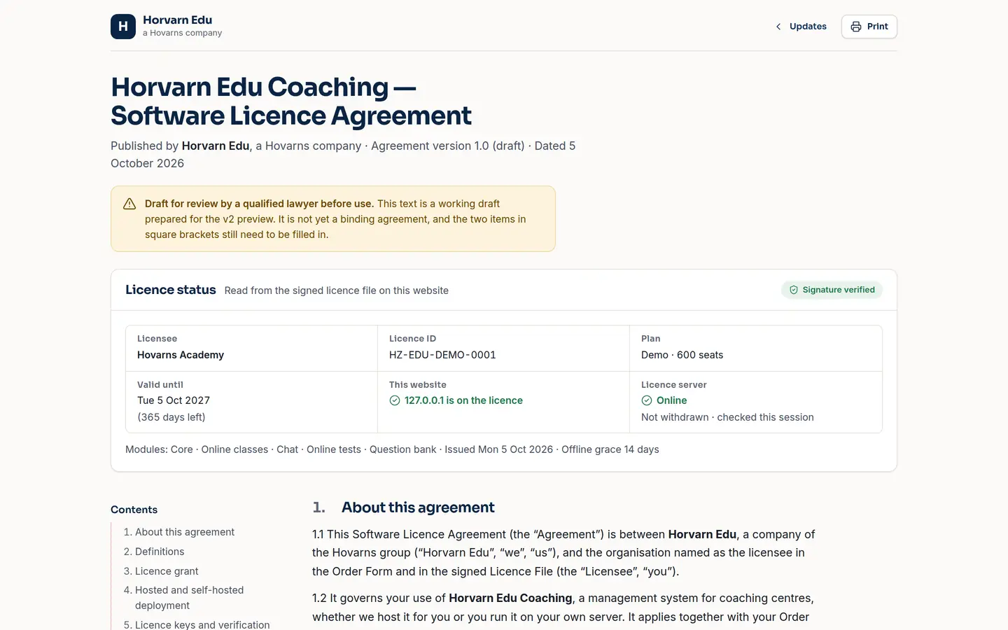 The licence page: licence status for the demo academy, signature verified (demo app, sample data).