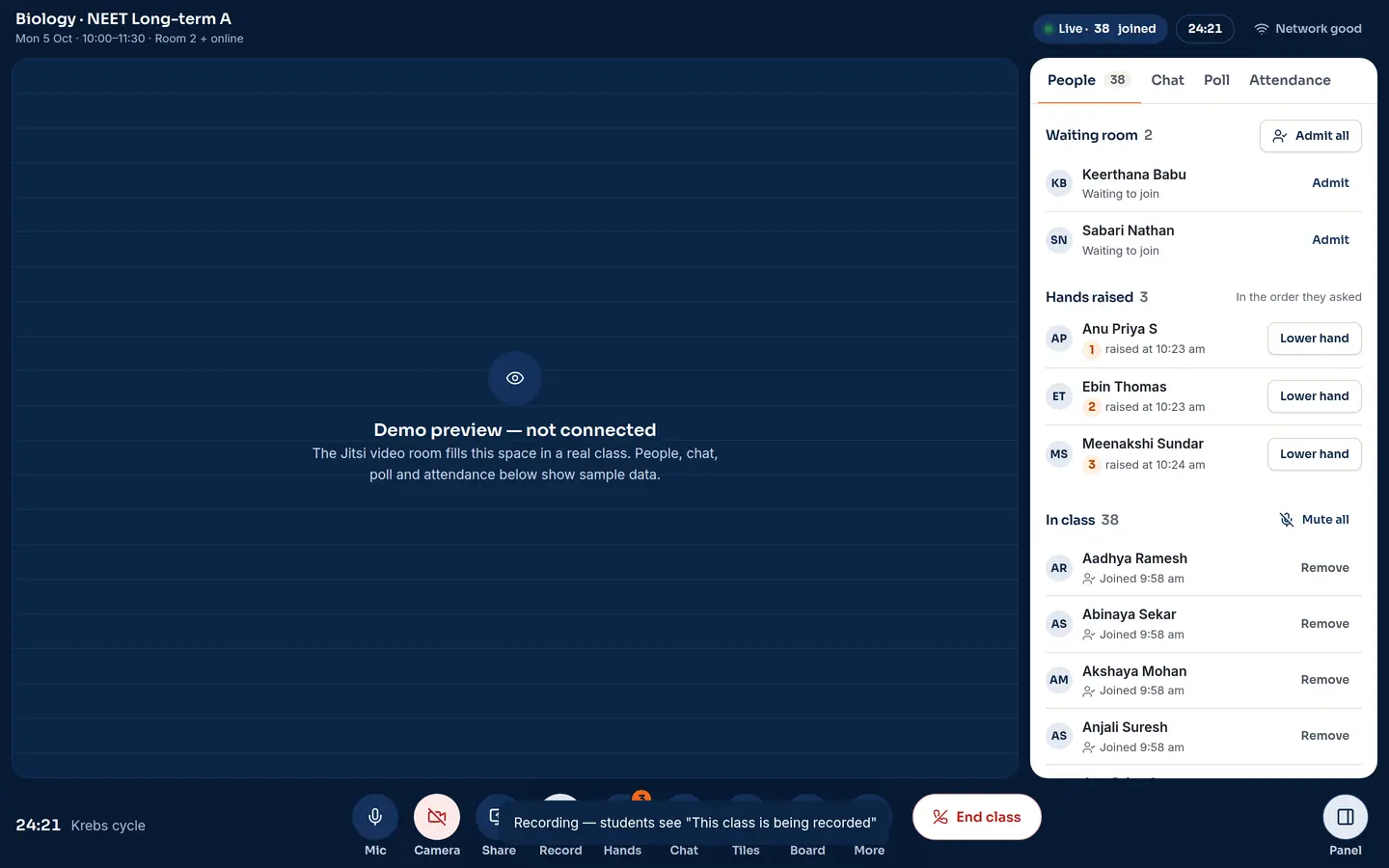 Live class screen with recording on (demo app, sample data)