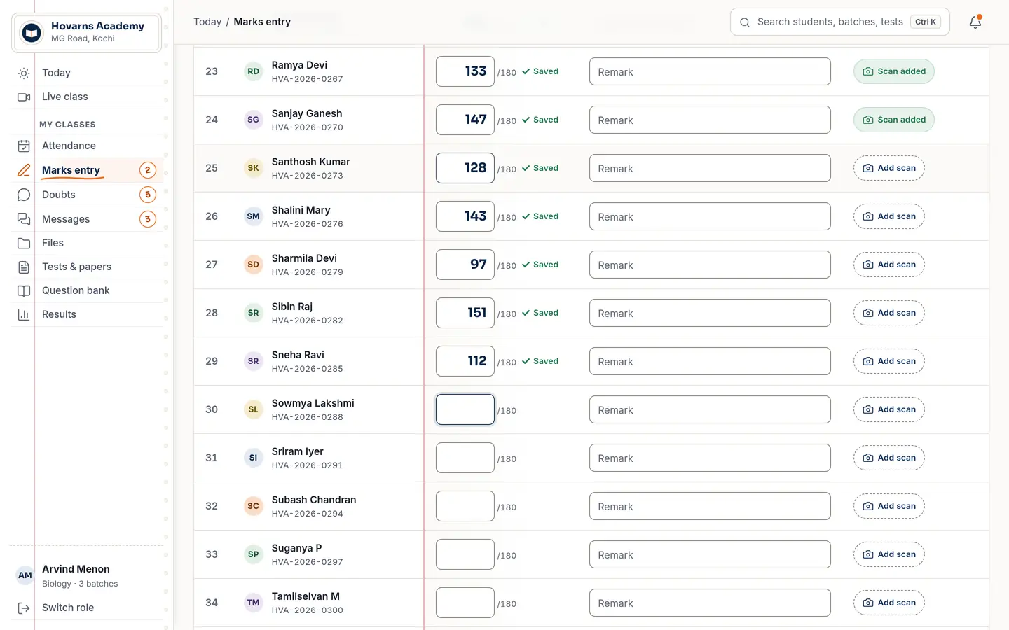 Marks grid for a test (demo app, sample data)