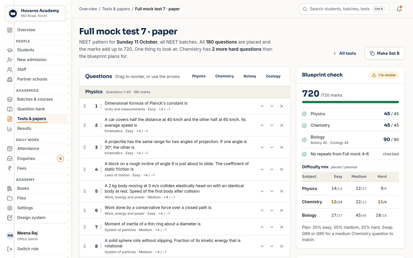 Paper builder for Full mock test 7: 180 questions placed, blueprint check showing 720 out of 720 marks (demo app, sample data).