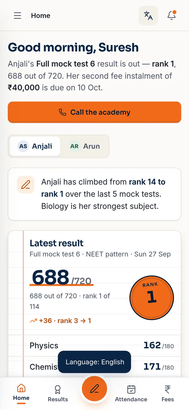 Parent home in English: latest result 688 out of 720, rank 1, fee due 10 October (demo app, sample data).