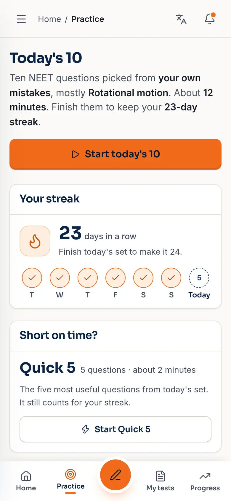 Today's 10 practice with a 23-day streak (demo app, sample data).