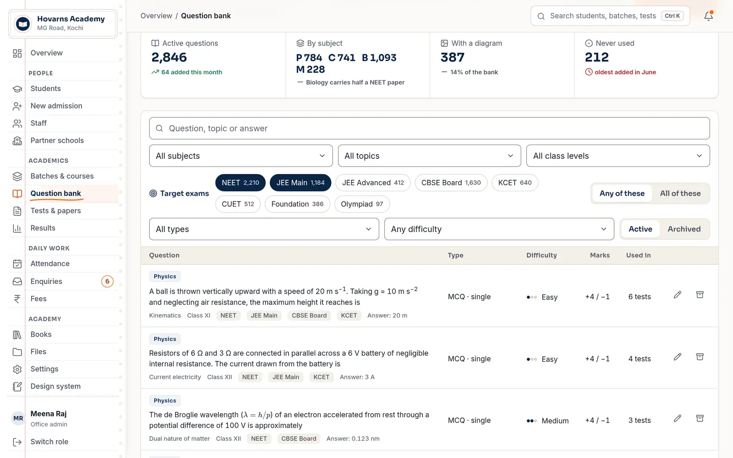 The question bank with target-exam chips and filters (demo app, sample data).