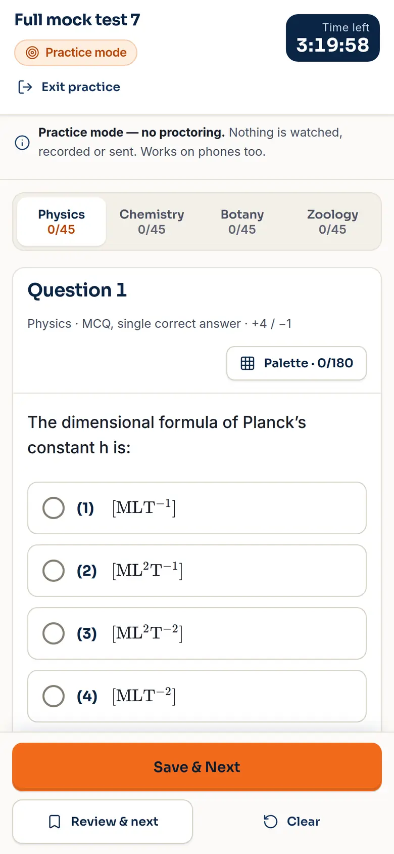 Exam mode on a phone (demo app, sample data).