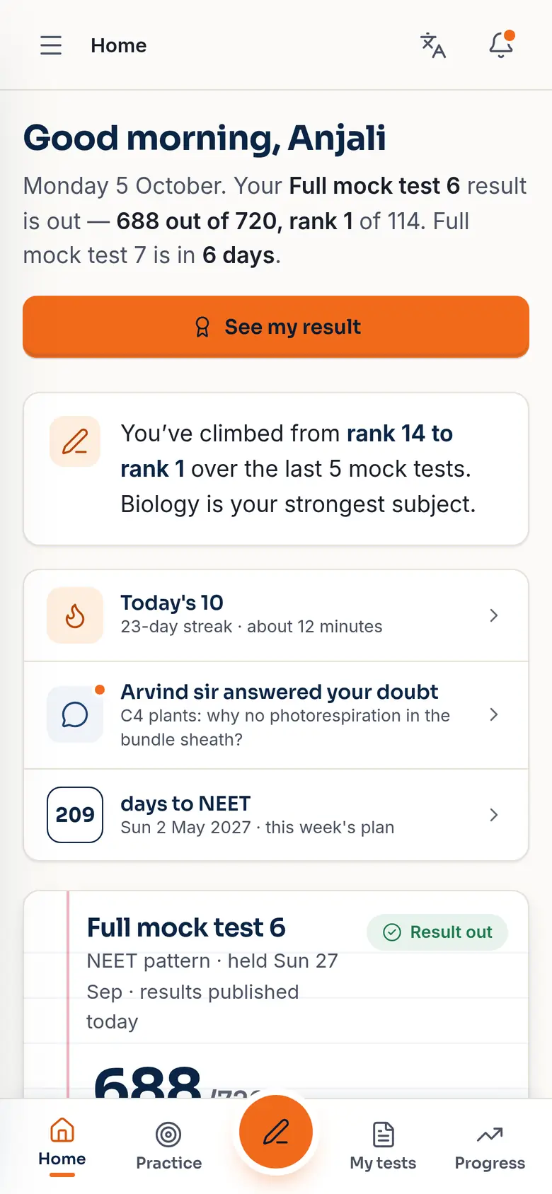 Student home screen of Horvan Edu Coaching on a phone (demo app, sample data)