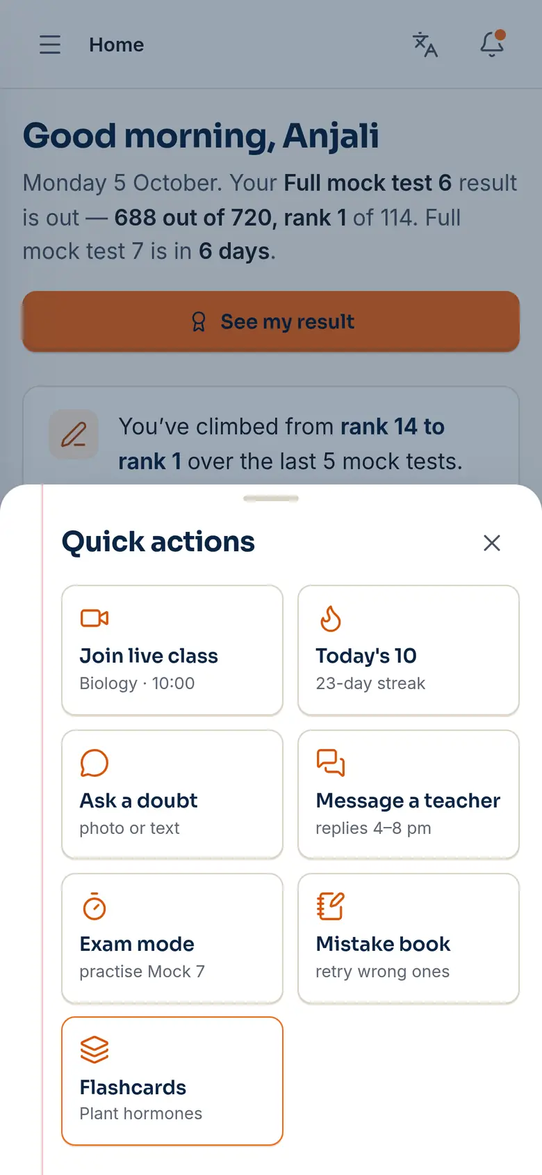 Quick actions sheet: join live class, Today's 10, ask a doubt, message a teacher, exam mode, mistake book, flashcards (demo app, sample data).