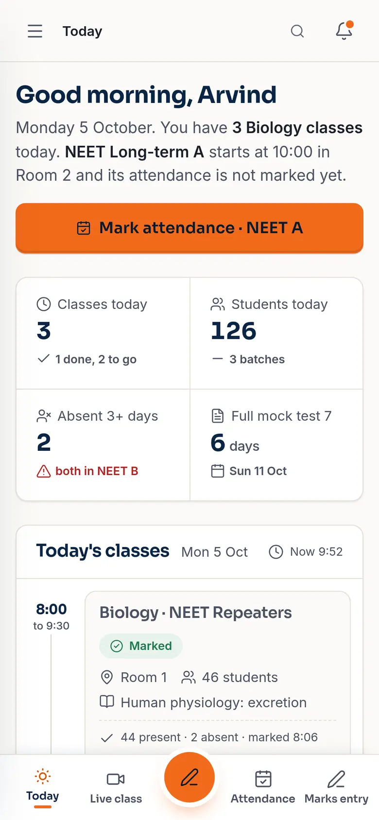 The teacher's Today screen: three classes today, 126 students, a Mark attendance button (demo app, sample data).